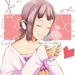 Rule 34 | cup, closed eyes, headphones, nanahime, original, pink hair, solo, tea