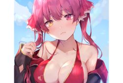 Rule 34 | 1girl, bare shoulders, bikini, black coat, blue sky, blush, breasts, cleavage, closed mouth, coat, frown, grin, hair ribbon, halterneck, hand up, heterochromia, highres, hololive, houshou marine, houshou marine (summer), large breasts, long hair, long sleeves, looking at viewer, off shoulder, open clothes, open coat, outdoors, red bikini, red eyes, red hair, ribbon, sky, smile, solo, swimsuit, tnk319, twintails, upper body, virtual youtuber, wet, yellow eyes