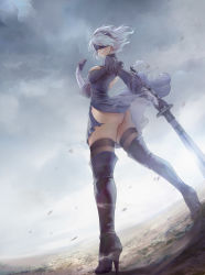Rule 34 | 1girl, absurdres, ass, back, black dress, black gloves, black hair, blindfold, dress, from below, gloves, hairband, high heels, highres, holding, holding sword, holding weapon, katana, nier (series), nier:automata, puffy sleeves, short hair, solo, sword, theleopardcat, thighhighs, weapon, white hair, 2b (nier:automata)