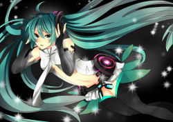 Rule 34 | 1girl, bad id, bad pixiv id, belt, black thighhighs, bridal gauntlets, elbow gloves, female focus, gloves, gradient background, green eyes, green hair, hatsune miku, hatsune miku (append), highres, ichinose (sorario), ichinose (tsu it ta), long hair, matching hair/eyes, midriff, navel, pleated skirt, skirt, solo, thighhighs, twintails, very long hair, vocaloid, vocaloid append