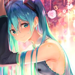 Rule 34 | 1girl, 39, absurdres, arm up, armpits, bare shoulders, blue eyes, blue hair, collared shirt, detached sleeves, flower, glint, grey shirt, hair ornament, hatsune miku, highres, long hair, long sleeves, looking at viewer, maeshimashi, rose, shirt, smile, solo, twintails, upper body, vocaloid, wet