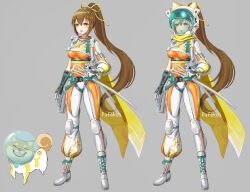 Rule 34 | 1girl, ass, bodysuit, breasts, brown hair, character name, eating, gloves, green eyes, hair ribbon, helmet, highres, long hair, looking at viewer, medium breasts, multiple views, open mouth, orange bodysuit, original, pafekui, ponytail, ribbon, scarf, science fiction, shiba inu, space, two-tone bodysuit, very long hair, white bodysuit, white footwear, white gloves, yellow ribbon, yellow scarf