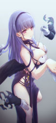 Rule 34 | 1girl, absurdres, azur lane, bare shoulders, blurry, breasts, cleavage, closed mouth, dido (anxious bisque doll) (azur lane), dido (azur lane), disembodied hand, dress, feathered wings, gloves, gradient background, grey hair, halter dress, halterneck, hand on another&#039;s thigh, highres, holding hands, large breasts, long hair, looking at viewer, pelvic curtain, pulling, red eyes, shouhei, skindentation, sleeveless, sleeveless dress, solo, solo focus, thighs, white gloves, wings