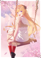 Rule 34 | 1girl, absurdres, ahoge, back, black footwear, blonde hair, blush, boots, breasts, crossed bangs, dress, eyelashes, floating hair, frilled dress, frills, full body, hair ornament, highres, hololive, horns, large breasts, long hair, looking at viewer, open mouth, outstretched hand, purple eyes, red socks, sheep horns, sidelocks, socks, solo, swing, teeth, tinyen wang, tsunomaki watame, upper teeth only, virtual youtuber, white dress