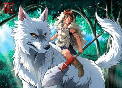 Rule 34 | 1girl, animal, armlet, bad source, blue eyes, blue skirt, boots, cape, closed eyes, commentary, derivative work, earrings, eastblue 95, english commentary, forest, fur cape, holding, holding weapon, jewelry, looking to the side, makeup, mask, mononoke hime, moro no ichizoku, nature, necklace, screencap redraw, sitting on animal, skirt, tooth necklace, tree, twitter username, weapon, white cape, wolf, yellow eyes