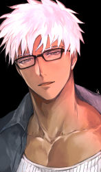 Rule 34 | 1boy, archer (fate), artist name, bespectacled, black-framed eyewear, black background, brown eyes, collared shirt, commentary request, dark skin, dark-skinned male, fate (series), glasses, looking at viewer, makashiki (aarni 0), male focus, official alternate costume, open clothes, open shirt, parted lips, pectorals, portrait, ribbed shirt, shirt, short hair, solo, archer (summer casual) (fate), undershirt, white hair