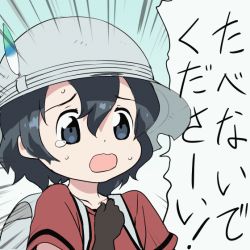 Rule 34 | 10s, 3girls, alien (1979), alien (series), animated, animated gif, black eyes, black hair, blonde hair, blue hair, brown eyes, bucket hat, commentary request, emphasis lines, fishnet top, fishnets, hat, hat feather, kaban (kemono friends), kemono friends, multiple girls, mushi gyouza, open mouth, predator (1987), predator (character), predator (series), shoulder cannon, tearing up, translated, weapon, xenomorph