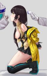 Rule 34 | 1girl, absurdres, bare shoulders, black hair, black skirt, blush, brown sweater vest, cable tie, commission, from side, full body, girls&#039; frontline, highres, infrared thermometer, jacket, kneeling, long hair, mod3 (girls&#039; frontline), multicolored hair, nipples, open mouth, restrained, ro635 (girls&#039; frontline), sawkm, second-party source, simple background, skirt, solo focus, sweater vest, torn clothes, yellow eyes, yellow jacket