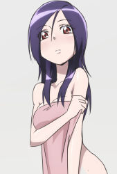 Rule 34 | 00s, 1girl, blush, breasts, covering privates, eyelashes, fresh precure!, grey background, higashi setsuna, long hair, naked towel, nude cover, oimanji, precure, purple hair, red eyes, simple background, small breasts, solo, towel