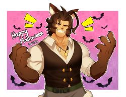 Rule 34 | 1boy, absurdres, animal ears, animal hands, bara, bat (animal), black vest, body fur, brown hair, cowboy shot, dragalia lost, fujimachine (clayten), grin, halloween, halloween costume, happy halloween, highres, jewelry, large pectorals, male focus, messy hair, muscular, muscular male, necklace, off shoulder, one eye closed, partially unbuttoned, pectoral cleavage, pectorals, ranzal (dragalia lost), red eyes, short hair, smile, solo, tooth necklace, vest, wolf boy, wolf ears