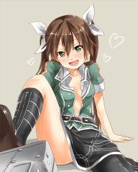 Rule 34 | 10s, 1girl, :d, arai harumaki, blush, boots, breasts, brown hair, green eyes, heart, heart-shaped pupils, kantai collection, open clothes, open mouth, open shirt, pelvic curtain, personification, petite, shirt, sitting, small breasts, smile, sweat, symbol-shaped pupils, tone (kancolle), twintails, yellow eyes