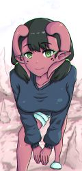 Rule 34 | 1girl, absurdres, asutoia, black hair, collarbone, colored skin, demon girl, green eyes, highres, horns, knees, original, pointy ears, red skin, short shorts, shorts, sweater, thighs