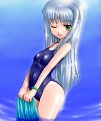 Rule 34 | 00s, 1girl, bracelet, cinque (nanoha), gao (artist), gao (naodayo), green eyes, grin, jewelry, long hair, lyrical nanoha, mahou shoujo lyrical nanoha, mahou shoujo lyrical nanoha strikers, missing eye, numbers (nanoha), one-piece swimsuit, one eye closed, silver hair, smile, solo, swimsuit, water, wet, wink