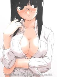 Rule 34 | 1girl, blouse, collared shirt, frown, glasses, hand in own hair, itokatsu, lowres, open clothes, open shirt, original, shirt, solo, white shirt