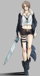 Rule 34 | 1girl, belt, black bra, black jacket, black shorts, boots, bra, breasts, brown hair, final fantasy, final fantasy viii, full body, genderswap, genderswap (mtf), gloves, highres, holding, holding sword, holding weapon, jacket, jewelry, looking at viewer, medium breasts, navel, necklace, nini tw99, shirt, short hair, shorts, solo, squall leonhart, sword, underwear, weapon, white shirt