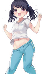 Rule 34 | 1girl, :d, absurdres, black hair, blue flower, blue pants, blush, bra, bra visible through clothes, breasts, brown eyes, collarbone, commentary request, fangs, flower, flying sweatdrops, fukumaru koito, groin, hair flower, hair ornament, hands up, highres, idolmaster, idolmaster shiny colors, kuroba aki, midriff, navel, open mouth, pants, shirt, short sleeves, simple background, small breasts, smile, solo, track pants, twintails, underwear, white background, white shirt
