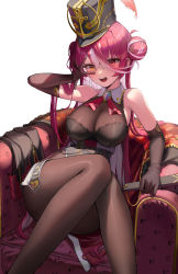 Rule 34 | 1girl, :d, absurdres, black hat, blush, breasts, brown gloves, brown pantyhose, cleavage, coat, colored inner hair, dong ji, gloves, hair bun, hat, heterochromia, highres, hololive, houshou marine, houshou marine (marching band), knees together feet apart, large breasts, long hair, multicolored hair, open mouth, pantyhose, red eyes, red hair, see-through, see-through cleavage, shako cap, simple background, single side bun, sitting, smile, solo, unworn coat, v over eye, very long hair, virtual youtuber, white background, white hair, yellow eyes
