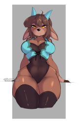 Rule 34 | 1girl, :&lt;, ahoge, animal crossing, animal ears, animal nose, arm support, artist name, bare shoulders, black leotard, black thighhighs, blue horns, blue shirt, bob cut, body fur, border, breasts, brown fur, brown hair, cleavage, closed mouth, collarbone, covered navel, cowboy shot, crop top, cropped legs, dated, female focus, furry, furry female, goat ears, goat girl, goat horns, grey background, hip focus, horns, large breasts, leaning back, leotard, multicolored fur, narrow waist, nintendo, orange eyes, outside border, pashmina (animal crossing), shiny skin, shirt, short hair, sidelocks, simple background, sketch, skindentation, sleeveless, sleeveless shirt, solo, split mouth, straight-on, teranen, thick thighs, thighhighs, thighs, watermark, white border, wide hips