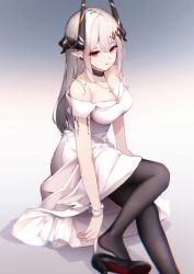 Rule 34 | 1girl, absurdres, alternate costume, arknights, black choker, black footwear, black pantyhose, blurry, bracelet, breasts, casual, choker, cleavage, dress, earrings, gradient background, high heels, highres, horns, jewelry, leria v, long hair, looking at viewer, material growth, medium breasts, mudrock (arknights), necklace, off-shoulder dress, off shoulder, oripathy lesion (arknights), pantyhose, parted lips, pointy ears, red eyes, removing shoes, sidelocks, silver hair, solo, white dress