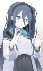 Rule 34 | 1girl, absurdly long hair, absurdres, aris (blue archive), between fingers, black skirt, blue archive, blue eyes, blue hair, collared shirt, dark blue hair, full body, gradient background, grey background, halo, highres, holding, jacket, layer (shinobu), long hair, looking at viewer, necktie, open clothes, open jacket, shirt, simple background, skirt, smile, standing, very long hair, white background, white shirt