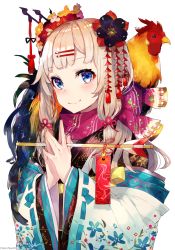 Rule 34 | 1girl, arrow (projectile), artist name, bird, blonde hair, blue eyes, blush, chicken, chinese zodiac, floral print, flower, hair flower, hair ornament, hair ribbon, hairclip, hamaya, highres, holding, holding arrow, japanese clothes, kanzashi, kimono, long sleeves, looking at viewer, low twintails, mika pikazo, new year, obi, original, own hands together, ribbon, rooster, sash, scarf, signature, smile, solo, tress ribbon, tsumami kanzashi, twintails, upper body, white background, wide sleeves, year of the rooster