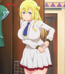 Rule 34 | 1girl, anime screenshot, blonde hair, blue eyes, blue necktie, breasts, enome, frilled shirt, frilled skirt, frills, futoku no guild, highres, huge breasts, long hair, long sleeves, mature female, necktie, screencap, shirt, side ponytail, sidelocks, skirt, smile, stitched, thighs, third-party edit, white shirt, white skirt