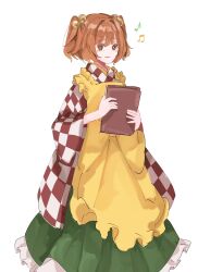 Rule 34 | 1girl, ascot, book, commentary, feet out of frame, frilled skirt, frills, green skirt, hair between eyes, hakama, hakama skirt, highres, holding, holding book, japanese clothes, kimono, long sleeves, looking at viewer, motoori kosuzu, musical note, one-hour drawing challenge, orange eyes, orange hair, parted lips, simple background, skirt, solo, standing, tohoyuukarin, touhou, two side up, white background, yellow ascot
