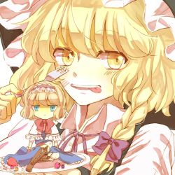 Rule 34 | 2girls, alice margatroid, blonde hair, blue eyes, bow, braid, capelet, dress, food, fork, fruit, hair bow, hairband, hat, kirisame marisa, knora, long hair, mini person, minigirl, multiple girls, open mouth, plate, ribbon, short hair, smile, strawberry, tongue, tongue out, touhou, witch hat, yellow eyes