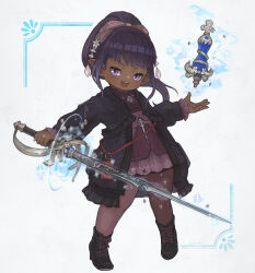 Rule 34 | 1girl, black footwear, commission, cross-laced footwear, cryokinesis, dark-skinned female, dark skin, dress, final fantasy, final fantasy xiv, flat chest, frilled jacket, frills, full body, hair ribbon, highres, holding, holding weapon, jacket, lalafell, long bangs, looking at viewer, medium hair, open mouth, pink dress, pink ribbon, pink thighhighs, pointy ears, ponytail, pouch, puluie, purple eyes, purple hair, purple jacket, rapier, red mage (final fantasy), ribbon, simple background, smile, solo, sword, teeth, thighhighs, warrior of light (ff14), weapon