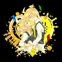 Rule 34 | 1boy, 1girl, black background, blonde hair, blue eyes, bow, brother and sister, flower, hair bow, holding hands, hand on another&#039;s head, hetero, hitobashira alice (vocaloid), incest, interlocked fingers, kagamine len, kagamine rin, kairi (oro-n), looking at viewer, parted lips, petals, profile, rose, short hair, siblings, smile, twincest, twins, vocaloid