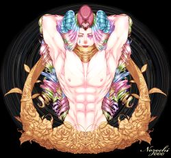 Rule 34 | 1boy, abs, absurdres, artist name, black background, blonde hair, blue hair, animal crossing, drill hair, facial tattoo, flower, gem, green eyes, green hair, hat, heart, highres, horns, leaf, long hair, male focus, multicolored hair, muscular, navel, nintendo, nipples, nozochi 3000, personification, pietro (animal crossing), pink hair, rose, scarf, sheep horns, topless male, solo, tattoo, upper body