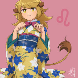 Rule 34 | 1girl, :3, adjusting bowtie, animal ears, aoiyuya, blonde hair, blush, bow, bowtie, japanese clothes, kimono, leo (symbol), leo (zodiac), lion ears, lion girl, lion tail, long hair, looking at viewer, obi, original, sash, signature, slit pupils, solo, tail, traditional bowtie, v-shaped eyebrows, wide sleeves, yellow eyes, zodiac