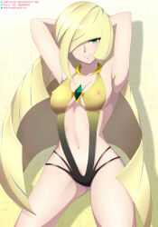 Rule 34 | 1girl, absurdres, adapted costume, armpits, arms behind head, blonde hair, blunt bangs, breasts, collar, commentary, covered erect nipples, cowboy shot, creatures (company), diamond (shape), eyelashes, game freak, gem, green eyes, green gemstone, hair over one eye, highres, iharuluna, long hair, looking at viewer, lusamine (pokemon), medium breasts, navel, nintendo, one-piece swimsuit, parted lips, pixiv id, pokemon, pokemon sm, smile, solo, swimsuit, twitter username, very long hair, watermark, yellow one-piece swimsuit