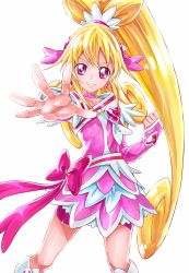 Rule 34 | 1girl, aida mana, arm warmers, asymmetrical clothes, bike shorts, blonde hair, boots, brooch, cure heart, curly hair, detached sleeves, dokidoki! precure, dress, earrings, eyelashes, hair ornament, half updo, happy, heart, heart brooch, heart earrings, heart hair ornament, highres, jewelry, knee boots, kneehighs, long hair, looking at viewer, magical girl, pink dress, pink eyes, pink ribbon, pink shorts, pink theme, ponytail, precure, ribbon, sharumon, shorts, shorts under dress, simple background, smile, socks, solo, standing, white background