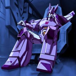 Rule 34 | cyclonus, decepticon, head tilt, insignia, makoto ono, mecha, no humans, red eyes, revision, robot, science fiction, scowl, sitting, solo, transformers