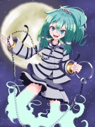 Rule 34 | 1girl, bangle, bracelet, breasts, chain, commentary request, cuffs, foul detective satori, frilled skirt, frills, full moon, ghost tail, gold, green eyes, green hair, hair ornament, hair tubes, handcuffs, highres, holding, holding handcuffs, jewelry, long hair, miniskirt, miyadeguchi mizuchi, moon, night, night sky, open mouth, ponytail, prison clothes, shackles, sharp teeth, shirt, skirt, skull hair ornament, sky, small breasts, striped clothes, striped shirt, striped skirt, teeth, touhou, yuru octopus