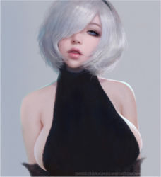 Rule 34 | 1girl, artist name, artstation username, backwards text, bare shoulders, black dress, black hairband, blue eyes, breasts, derivative work, detached sleeves, dress, hair over one eye, hairband, large breasts, looking at viewer, meme attire, mole, mole under mouth, nier (series), nier:automata, parted lips, photo-referenced, portrait, realistic, ruoxin zhang, sideboob, solo, watermark, web address, white hair, 2b (nier:automata)
