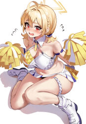 Rule 34 | 1girl, absurdres, ahoge, armpits, bent over, blonde hair, blue archive, braid, breasts, character name, cleavage, commentary request, criss-cross halter, detached collar, hair between eyes, hair tubes, halo, halterneck, highres, holding, holding pom poms, kotori (blue archive), kotori (cheer squad) (blue archive), large breasts, looking at viewer, low twintails, medium hair, navel, official alternate costume, official alternate hairstyle, pleated skirt, plump, pom pom (cheerleading), pom poms, red eyes, shoes, sidelocks, simple background, single braid, sitting, skirt, sleeveless, sneakers, solo, stomach, stone (ksorede), twintails, two-tone skirt, white background, white footwear