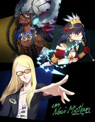 Rule 34 | 1girl, 2boys, aztec, black background, black eyes, black hair, black jacket, blonde hair, blue hair, bracelet, braid, breasts, camazotz (fate), closed mouth, commentary, dark-skinned male, dark skin, english commentary, english text, facial mark, fate/grand order, fate (series), feather hair ornament, feathers, glasses, hair ornament, hat, highres, holding, holding weapon, holding whip, house tag denim, jacket, jewelry, long hair, long sleeves, looking at viewer, looking away, mayan clothes, multicolored hair, multiple boys, necklace, open clothes, open jacket, open mouth, reaching, reaching towards viewer, sharp teeth, shirt, small breasts, smile, streaked hair, sunglasses, swept bangs, tattoo, teeth, tenochtitlan (fate), tenochtitlan (first ascension) (fate), tezcatlipoca (fate), tongue, tongue out, topless male, twitter username, two-tone hair, weapon, whip, white shirt