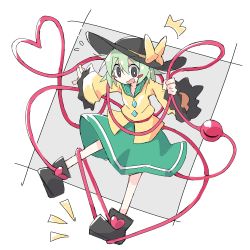 Rule 34 | 1girl, ^^^, asameshi, black eyes, black footwear, black hat, blush stickers, bow, bright pupils, commentary request, flying sweatdrops, full body, green hair, green skirt, grey background, hat, hat bow, heart, heart of string, komeiji koishi, long sleeves, medium hair, messy hair, open mouth, outstretched arm, shirt, skirt, solo, third eye, touhou, tripping, white pupils, wide sleeves, yellow bow, yellow shirt