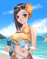 Rule 34 | 1girl, bare shoulders, beach, black hair, blue sky, book, bracelet, breasts, brown eyes, cameo, character request, cocktail, cocktail glass, cup, day, drinking glass, eyewear on head, flower, hair flower, hair ornament, handler (monster hunter world), hibiscus, holding, holding book, jay156, jewelry, light smile, lips, looking at viewer, medium breasts, medium hair, monster, monster hunter, monster hunter: world, monster hunter (series), necklace, ocean, official alternate costume, sarong, sky, solo, strapless, sunglasses, swept bangs, tan, tooth necklace, tube top, underboob