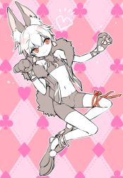 Rule 34 | 1boy, 1girl, animal ears, animal hands, bare shoulders, bike shorts, child gilgamesh (fate), cosplay, earrings, fate/hollow ataraxia, fate (series), full body, fur-trimmed jacket, fur trim, gilgamesh (fate), gloves, half moon, jackal ears, jacket, jewelry, male focus, moon, navel, necklace, partially colored, patterned background, paw gloves, paw shoes, red eyes, red ribbon, ribbon, shoes, smile, solo, sports bra, stomach, yakan (kusogaki teikoku)