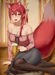 Rule 34 | 1girl, :d, absurdres, alcohol, animal ears, arm support, artist name, azur lane, beer, beer mug, blush, breasts, bright pupils, brown pantyhose, cleavage, cozyu, cup, cushion, drunk, fingernails, fox ears, grey skirt, hair between eyes, hair ornament, hair stick, highres, holding, holding cup, ise (azur lane), large breasts, large tail, long hair, long sleeves, looking at viewer, miniskirt, mug, no shoes, off-shoulder shirt, off shoulder, open mouth, pantyhose, pink shirt, red eyes, red hair, shirt, sitting, skirt, smile, solo, tail, tassel, white pupils, yokozuwari, zabuton