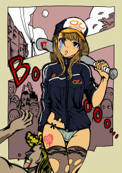 Rule 34 | 1girl, 6+boys, angry, baseball bat, baseball cap, black thighhighs, blonde hair, blood, bloody weapon, blue jacket, blue panties, bow, bow panties, breasts, clenched teeth, commentary request, crotch seam, delinquent, earrings, facial mark, grabbing another&#039;s hair, hat, highres, holding, holding weapon, jacket, jersey, jewelry, long hair, looking at viewer, medium breasts, mole, mole under eye, moon, multiple boys, original, p-rink, panties, parted lips, pink lips, silhouette, standing, teeth, thighhighs, torn clothes, torn jacket, torn legwear, track jacket, track suit, underwear, v-shaped eyebrows, weapon