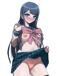 Rule 34 | 1girl, akisora, blue eyes, blue hair, blue skirt, blush, bow, bow panties, breasts, breasts out, clothes lift, commentary request, danganronpa: trigger happy havoc, danganronpa (series), highres, lifted by self, long hair, maizono sayaka, medium breasts, nipples, one breast out, panties, pink bow, pink neckwear, pink panties, plaid, plaid skirt, sailor collar, school uniform, serafuki, serafuku, simple background, skirt, skirt lift, smile, solo, thighhighs, thighs, underwear, white background