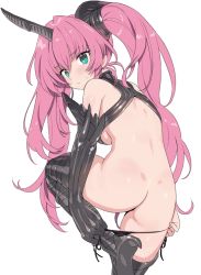 Rule 34 | 1girl, ass, blade (galaxist), blush, breasts, commentary request, copyright request, from behind, green eyes, hair between eyes, horns, long hair, looking at viewer, looking back, pink hair, simple background, single horn, small breasts, solo, standing, standing on one leg, sweatdrop, twintails, undressing, white background