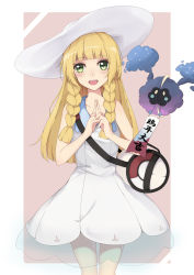 Rule 34 | 1girl, :d, absurdres, bag, banner, bare arms, bare shoulders, blonde hair, blunt bangs, blush, braid, collarbone, collared dress, commentary request, cosmog, cowboy shot, creatures (company), dress, duffel bag, fingers together, game freak, gen 7 pokemon, green eyes, hat, highres, jinji de guai shushu, legendary pokemon, lillie (pokemon), long hair, looking at viewer, mouth hold, nintendo, open mouth, poke ball theme, pokemon, pokemon (creature), pokemon sm, see-through, sleeveless, sleeveless dress, smile, sun hat, sundress, teeth, translated, twin braids, two-tone background, white dress, white hat