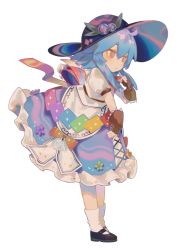 Rule 34 | 1girl, absurdres, black footwear, black hat, blouse, blue hair, bow, finger to mouth, frilled skirt, frills, hat, highres, hinanawi tenshi, long hair, mary janes, neck ribbon, pfallen, puffy short sleeves, puffy sleeves, rainbow order, red bow, red eyes, ribbon, scarlet weather rhapsody, shirt, shoes, short sleeves, simple background, skirt, socks, solo, standing, sun hat, touhou, white background, white shirt, white socks