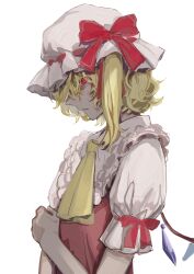 Rule 34 | 1girl, ascot, blonde hair, bow, collar, crystal, crystal wings, curly hair, eyelashes, flandre scarlet, frilled collar, frilled headwear, frills, frown, hat, hat bow, highres, looking at viewer, looking back, mob cap, multicolored wings, one side up, puffy short sleeves, puffy sleeves, red bow, red eyes, red vest, shirt, short hair, short sleeves, side ponytail, simple background, sleeve bow, solo, touhou, ue toono (atano), vest, white hat, wings, yellow ascot