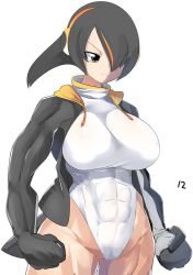 Rule 34 | 1girl, abs, bird tail, black hair, black jacket, breasts, brown eyes, closed mouth, commentary request, covered abs, cowboy shot, emperor penguin (kemono friends), frown, hair between eyes, hair over one eye, headphones, highres, jacket, kemono friends, large breasts, lets0020, long bangs, looking afar, multicolored hair, muscular, muscular female, numbered, one-piece swimsuit, open clothes, open jacket, orange hair, short hair, simple background, solo, streaked hair, swimsuit, tail, v-shaped eyebrows, white background, white one-piece swimsuit